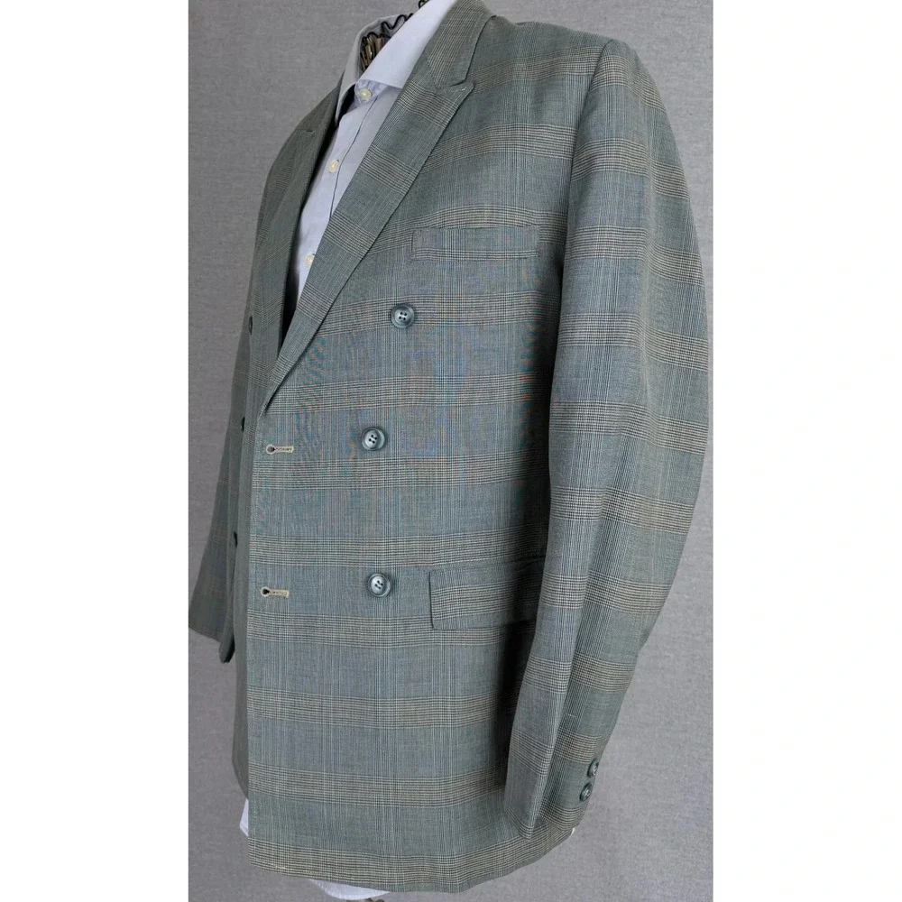 Vintage 60s Sears Pacemaker‎ Double Breasted Glen Plaid Blazer Grey Blue 36S